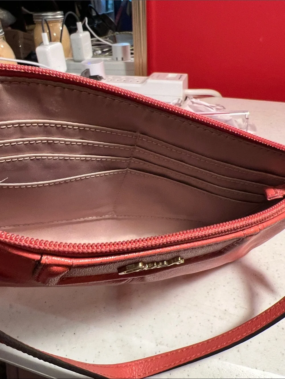 Coach Coral Orange Leather Wristlet with Gold Hardware